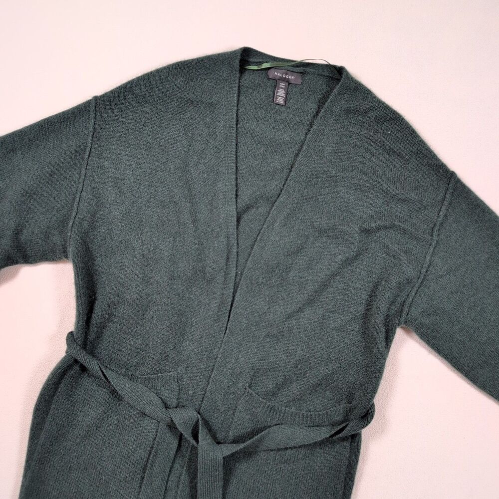 Halogen Belted Cashmere Kimono Green One Size Boho Luxury Cardigan Open Front